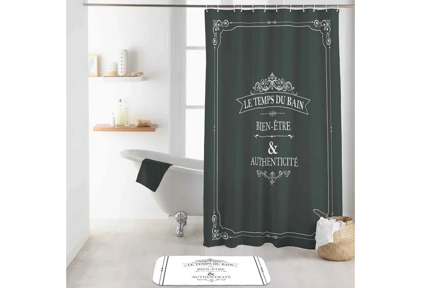 meberg Duschvorhang Textil Schwarz Vintage Schrift 180x200 cm