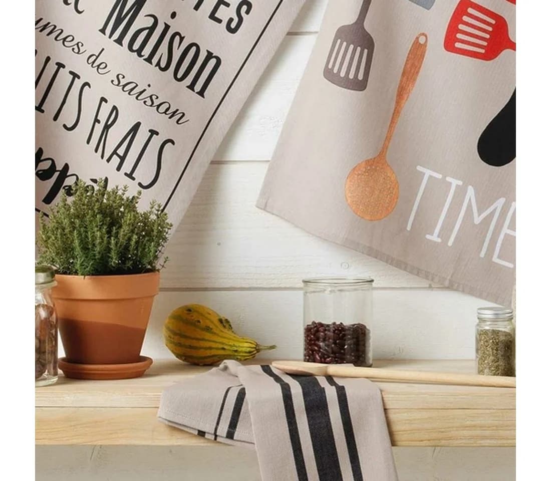 Macosa Home Geschirrtuch Set 3-tlg. 100% Baumwolle 50x70 cm Schwarz/Beige/Grau
