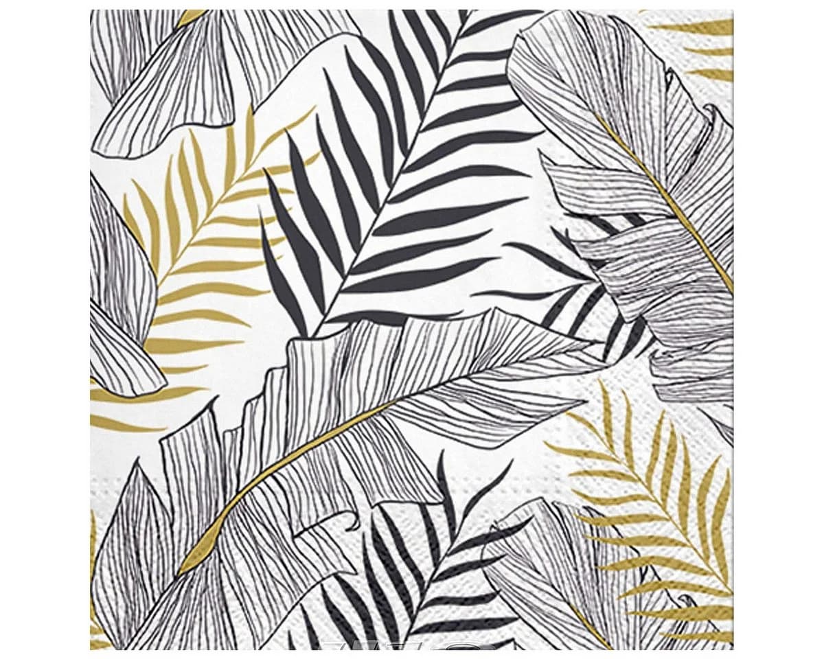 Macosa Home Papierservietten Set 40 Stk. Schwarz Gold Weiß Blätter Motiv