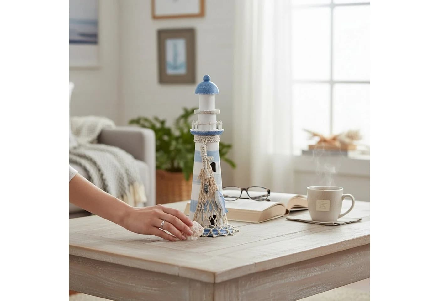 Macosa Home Dekofigur Leuchtturm Holz 30 cm Weiß Blau Antik Finish - Bild 3