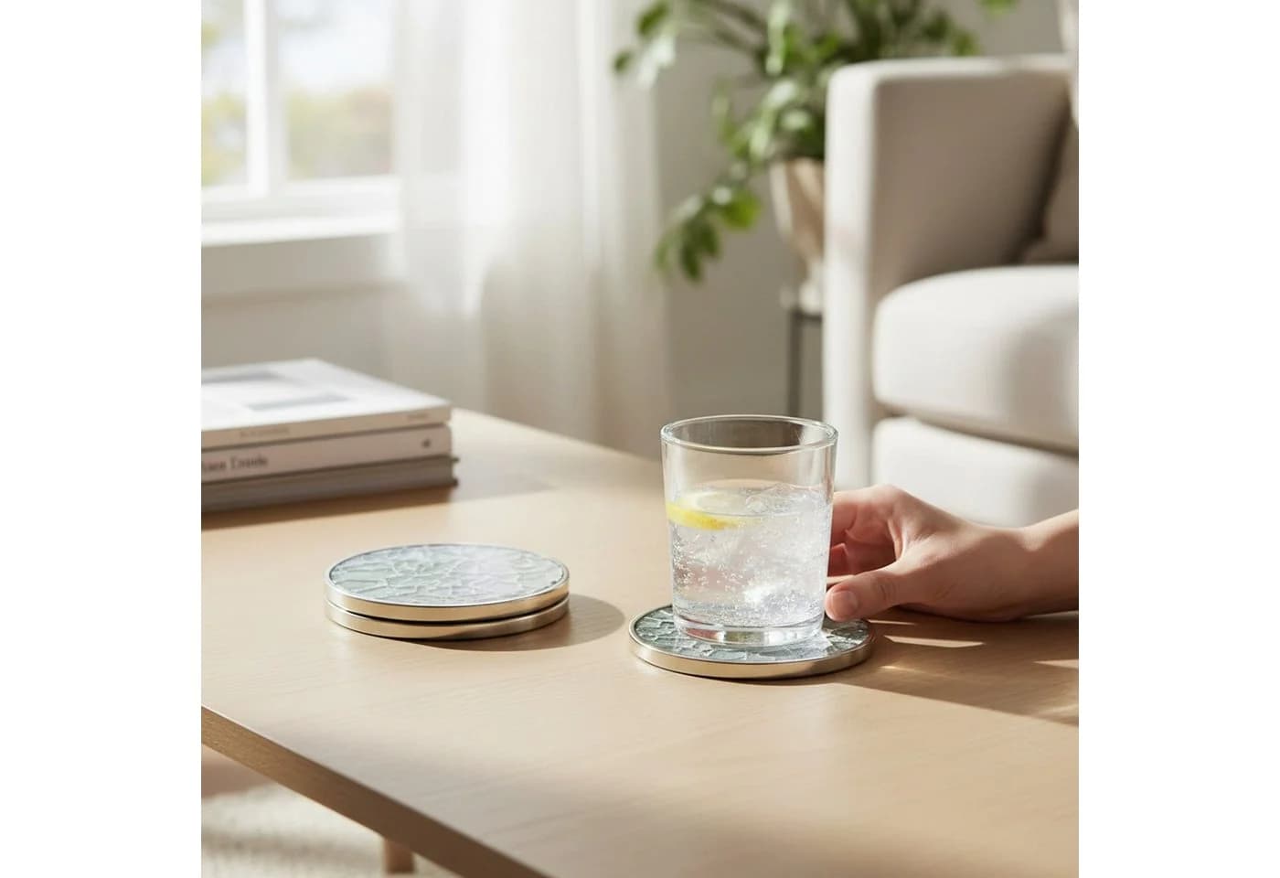Macosa Home Getränkeuntersetzer 4er Set Mosaik Optik Metall Holz