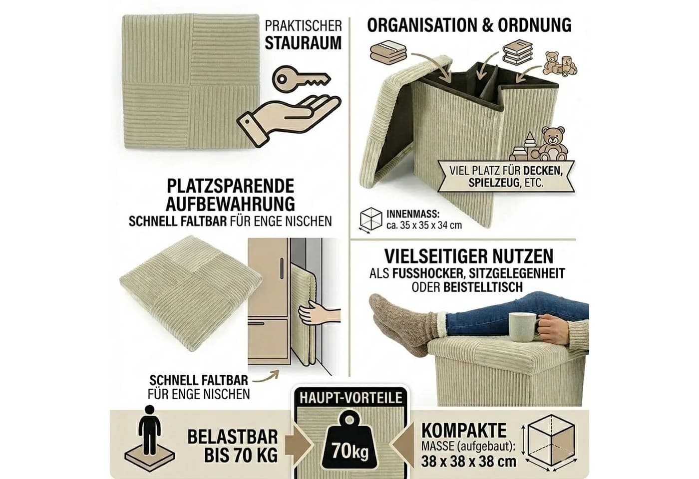 Macosa Home Stauraumhocker faltbar Cord 38 cm Creme/Grau - Bild 3
