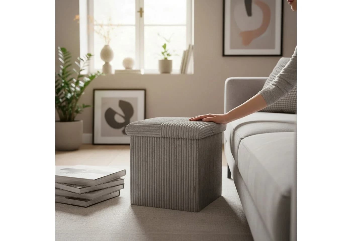 Macosa Home Stauraumhocker faltbar Cord Grau/Beige