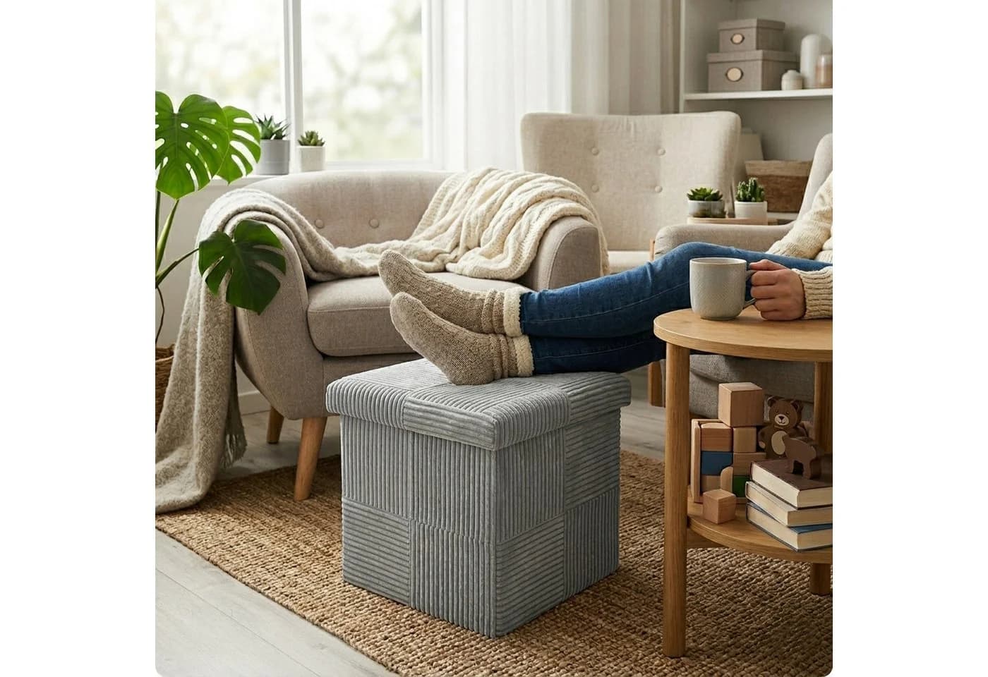 Macosa Home Stauraumhocker faltbar Cord Grau/Beige - Bild 4
