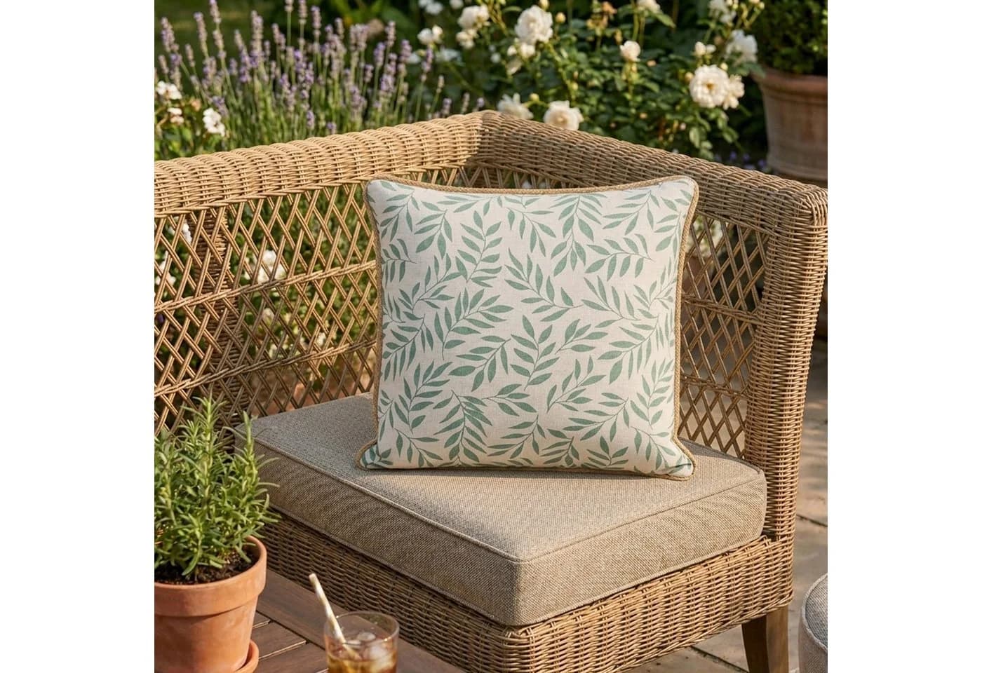 Macosa Home Dekokissen 45x45 cm Beige Grün Blätter Baumwolle Jute