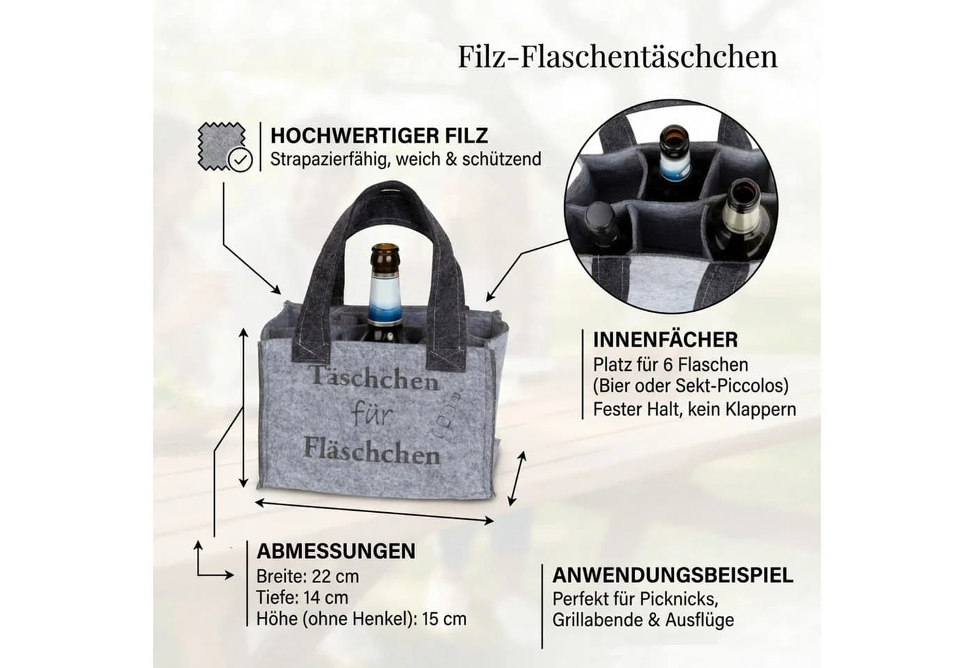 Macosa Home Flaschenträger Filz Grau für 6 Flaschen mit Innenfächern - Bild 5