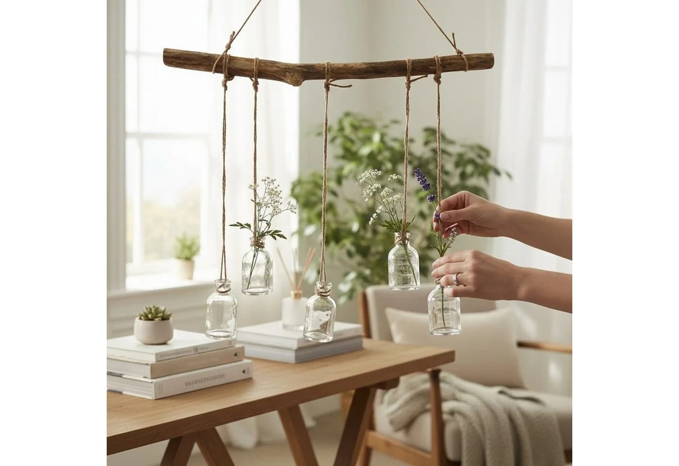 Macosa Home Hängedekoration Ast mit 5 Gläsern Holz Glas Jute 58 cm - Bild 3