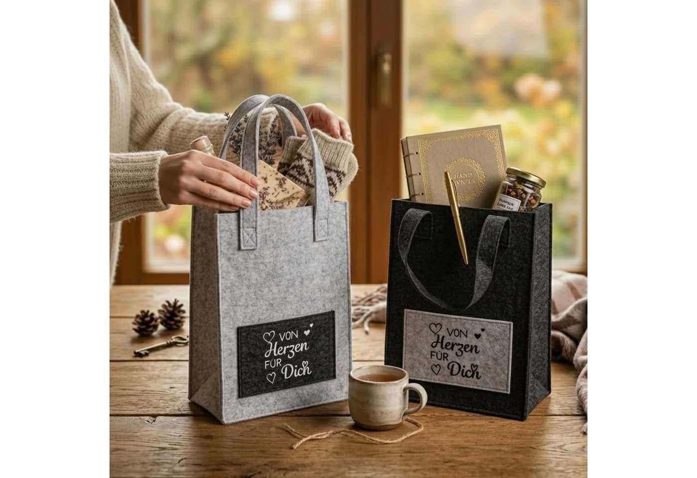 Macosa Home Geschenktasche Filz Grau 26 cm 2er Set