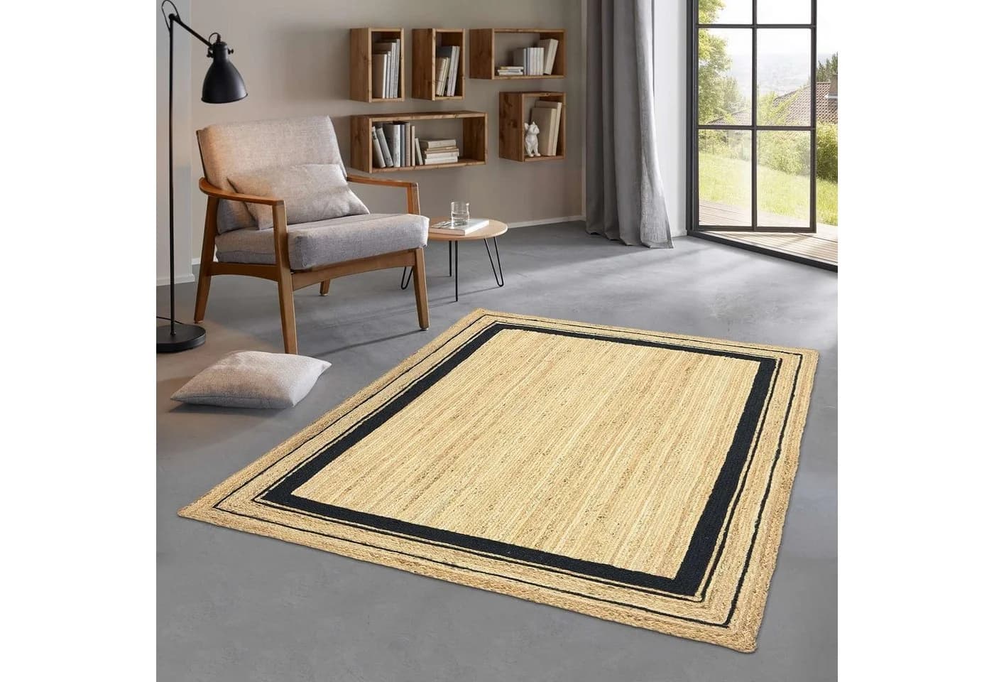 TaraCarpet Jute Teppich Durry Schwarz Bordüre Modern