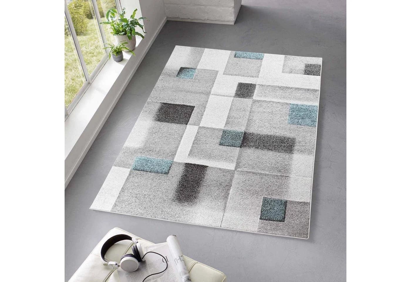 TaraCarpet TC-Fashion Designerteppich Grau Beige Blau Karos