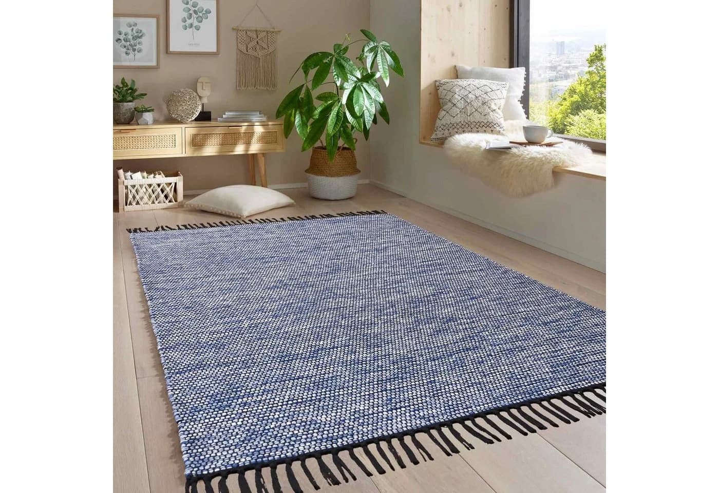 TaraCarpet Borkum Baumwollteppich Blau Modern Handgewebt - Bild 2
