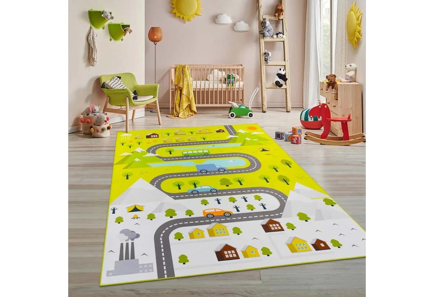 TaraCarpet Kinderteppich Country Grün Spieleteppich mit Anti-Rutsch-Rücken