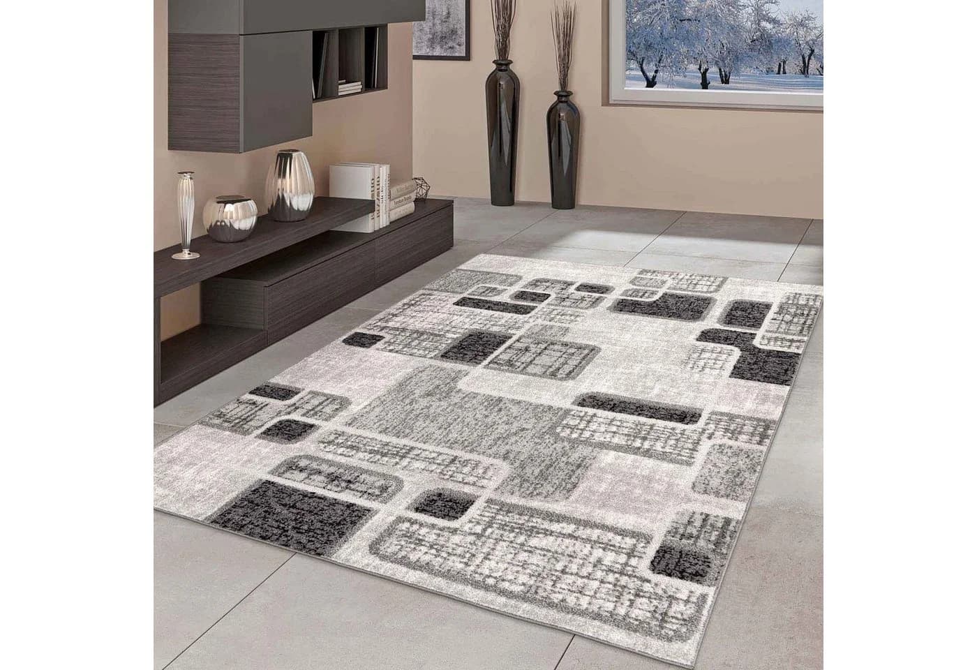 TaraCarpet Teppich Aragon 56 Kariert Retro Grau Modern