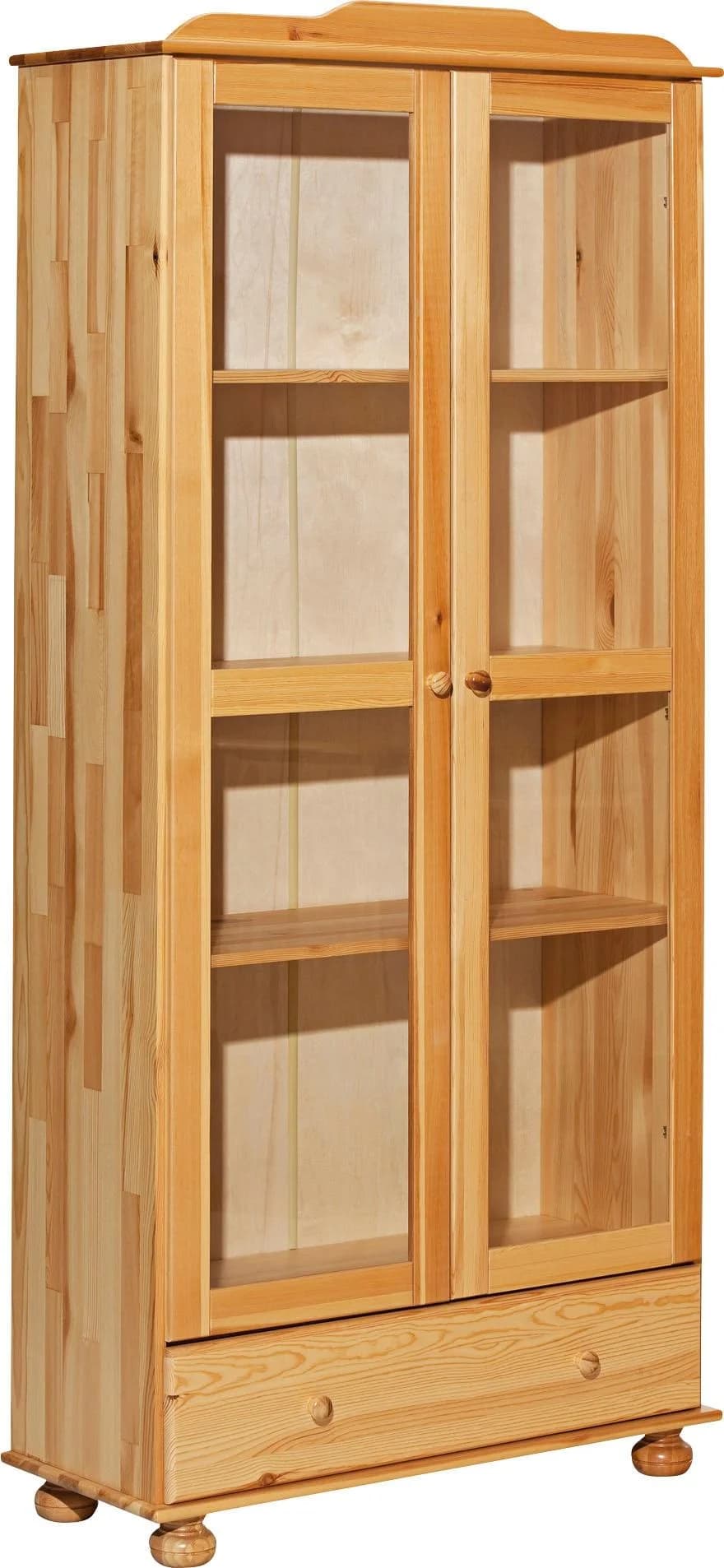 Möbilia Vitrine Natur Massivholz Glas mit 2 Türen und Schublade