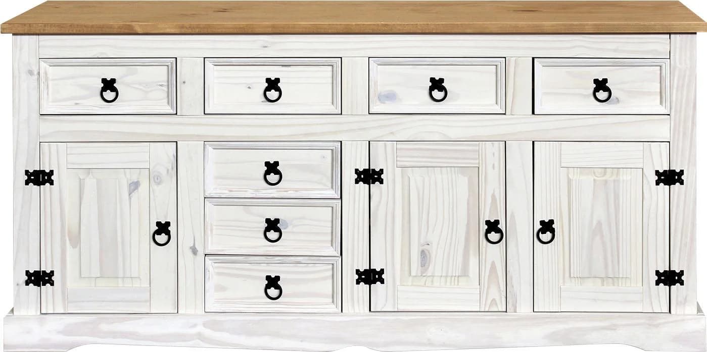 MÖBILIA Sideboard Weiß Honig Massivholz 3 Türen 7 Schubladen