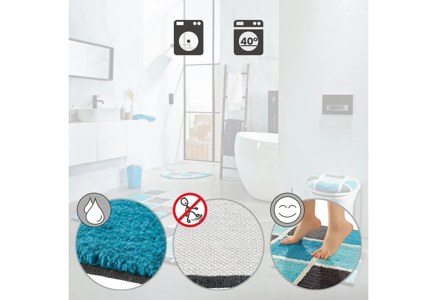 REDBEST Badematte WC-Umrandung Los Angeles Karo Türkis - Bild 3
