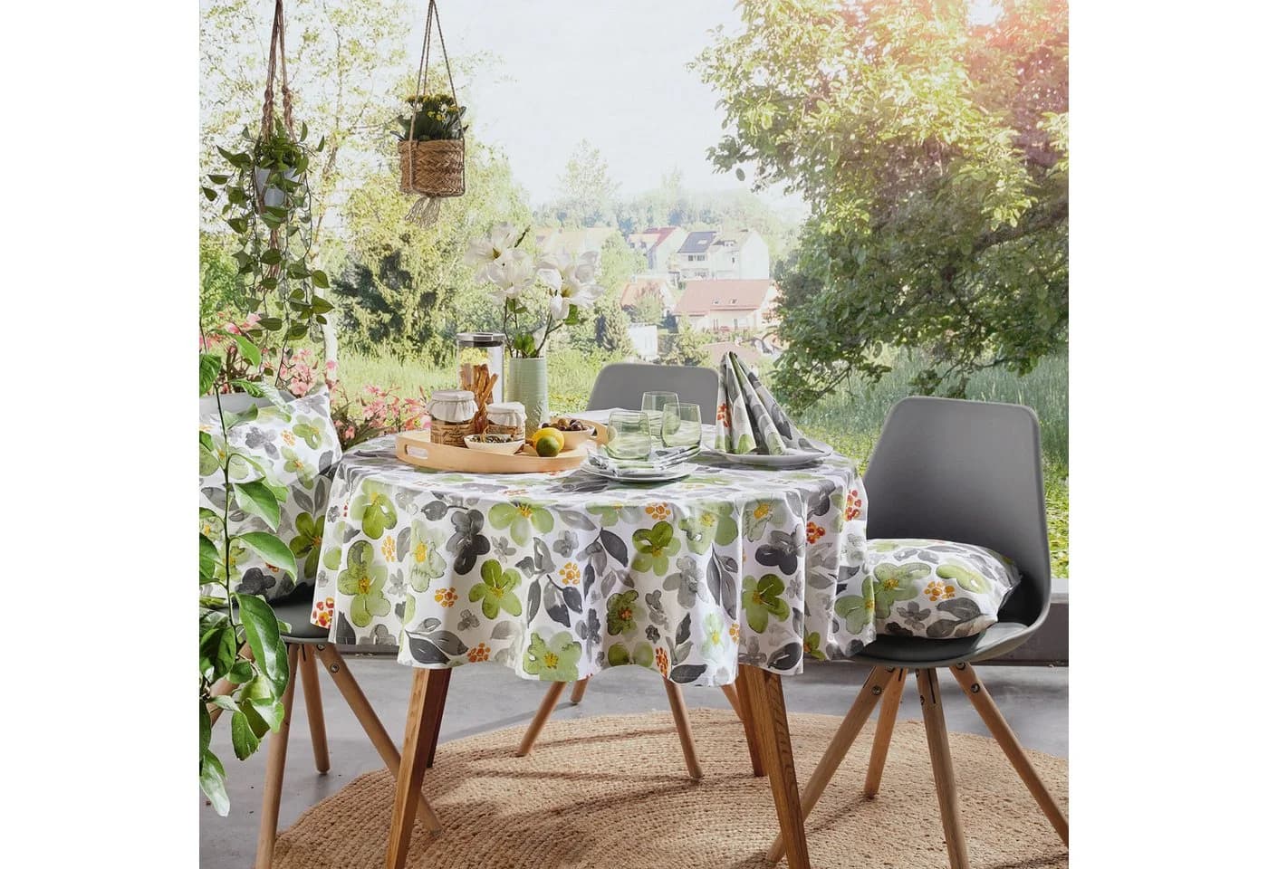 REDBEST Tischdecke Baumwolle Blumen Grün-Grau