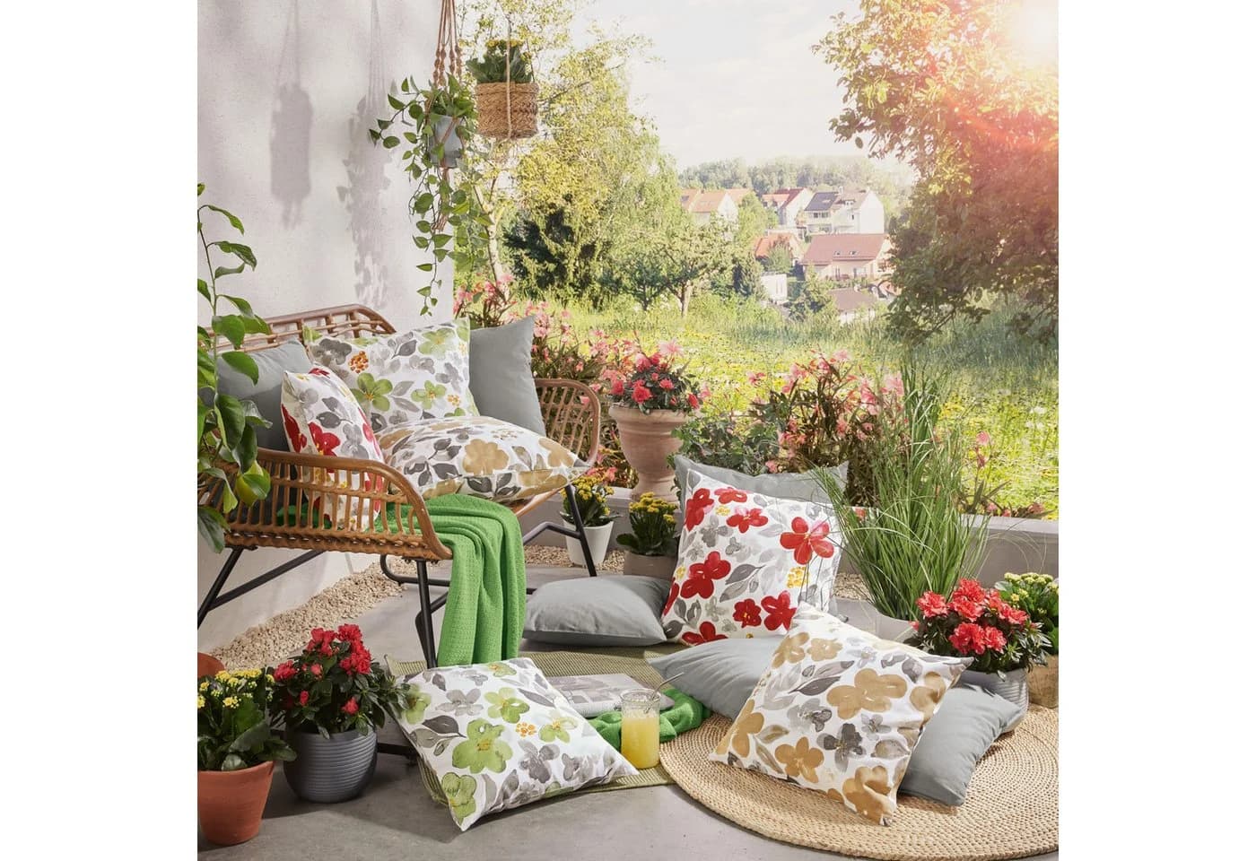 REDBEST Kissenhülle Baumwolle Blumen Druckmotiv Rot-Grau