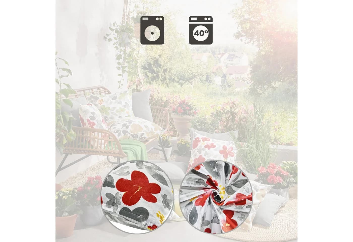 REDBEST Kissenhülle Baumwolle Blumen Druckmotiv Rot-Grau - Bild 4