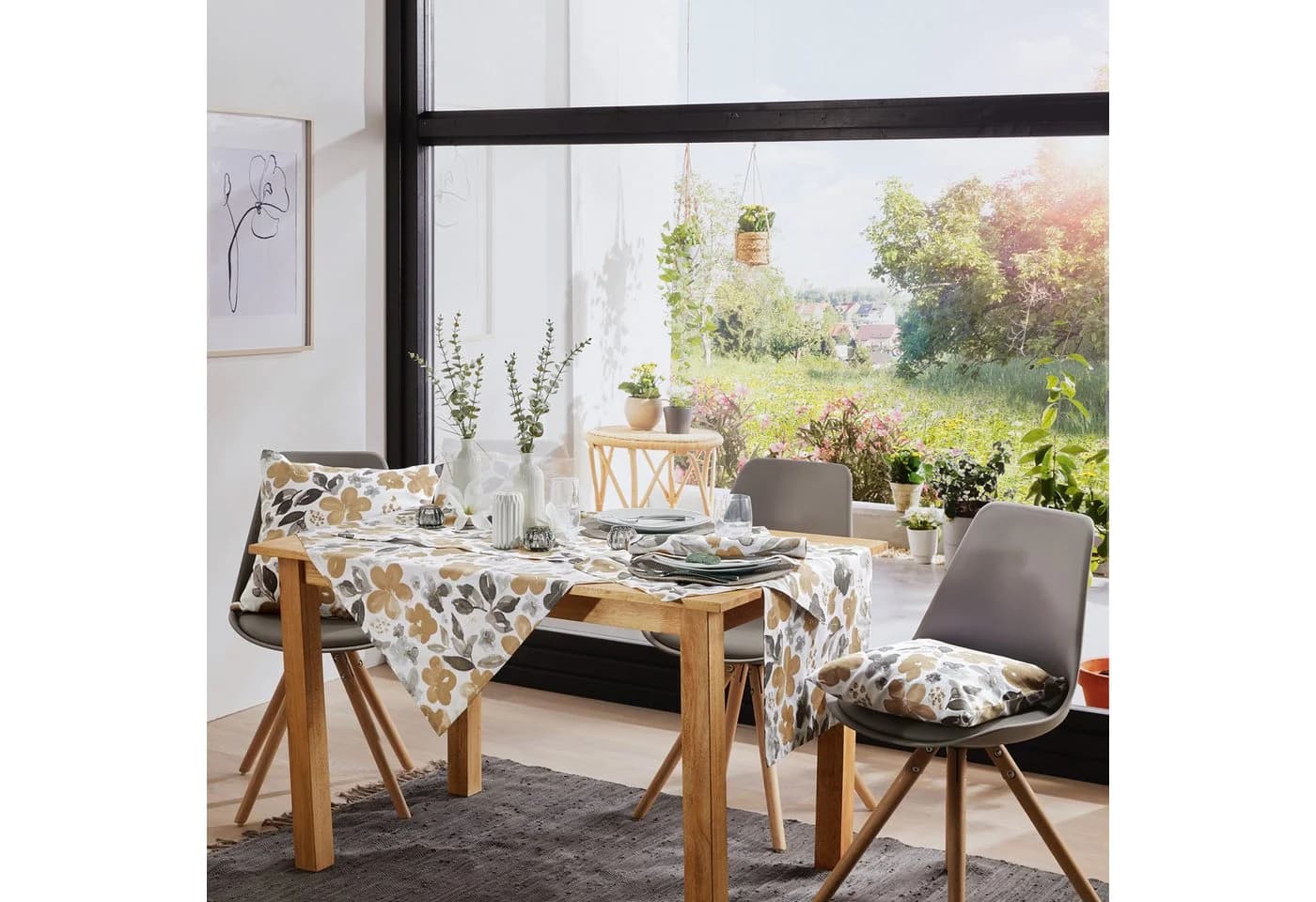 REDBEST Mitteldecke Baumwolle Blumen Beige-Grau