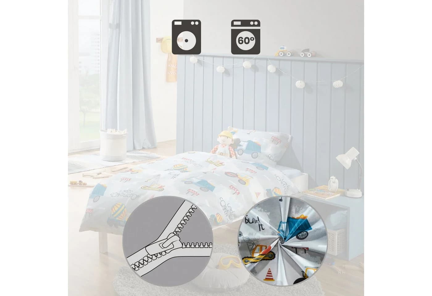 REDBEST Kinderbettwäsche Flanell 100% Baumwolle Baustellen-Motiv Grau - Bild 3