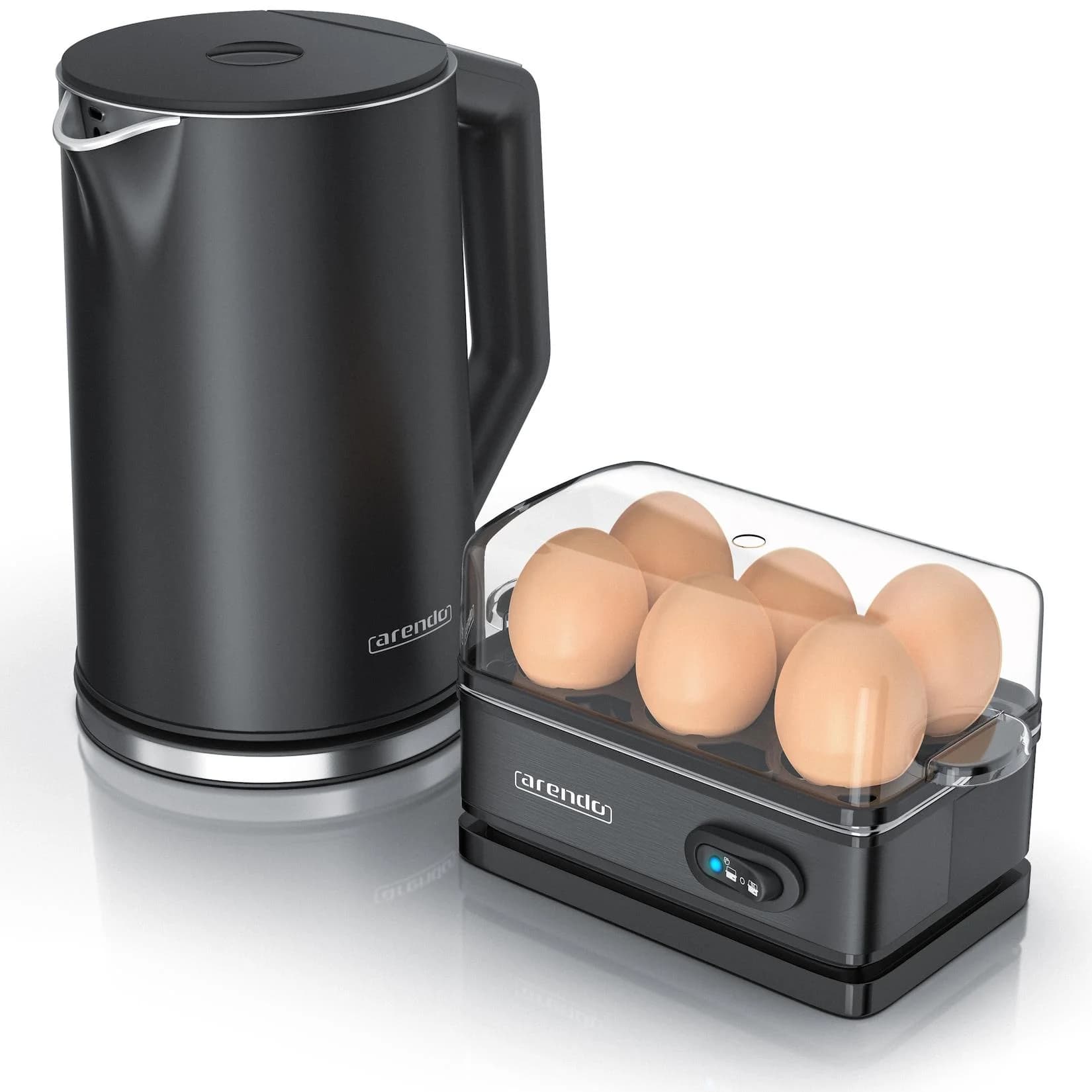 Arendo Frühstücks-Set Edelstahl Wasserkocher 1,5l, 6er Eierkocher Schwarz