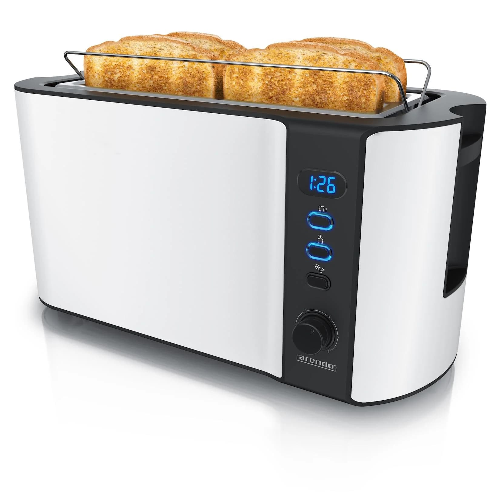 Arendo Automatik Langschlitz Toaster Weiß 4 Scheiben Display Brötchenaufsatz