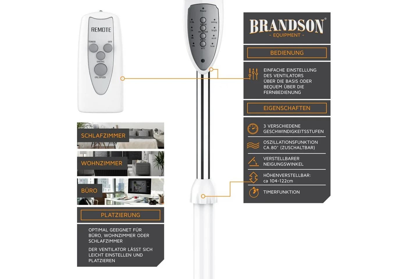 Brandson Standventilator 3 Leistungsstufen höhenverstellbar 50 W leise - Bild 5