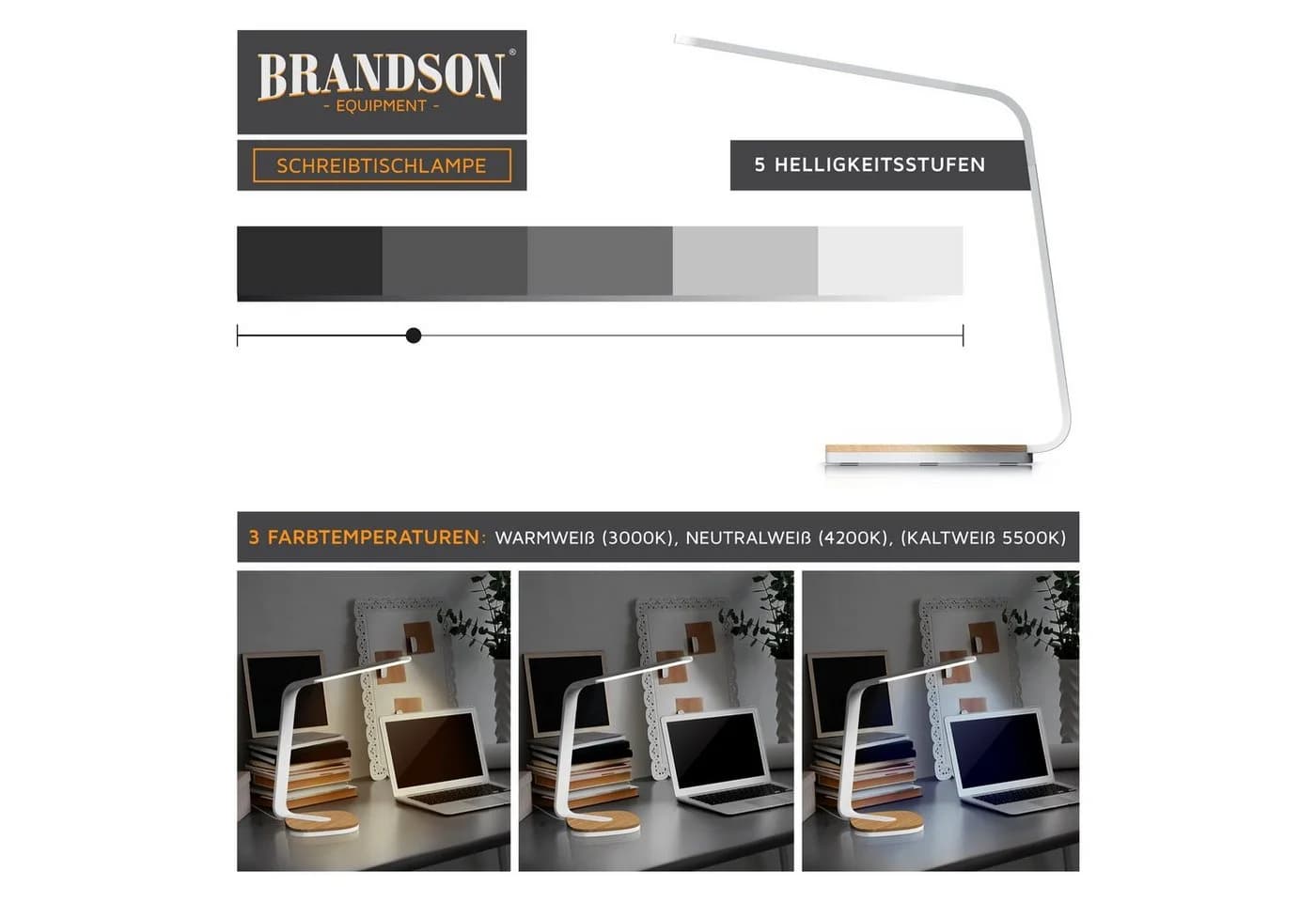 Brandson LED Schreibtischlampe Weiß/Braun Touch Dimmbar Timer - Bild 5