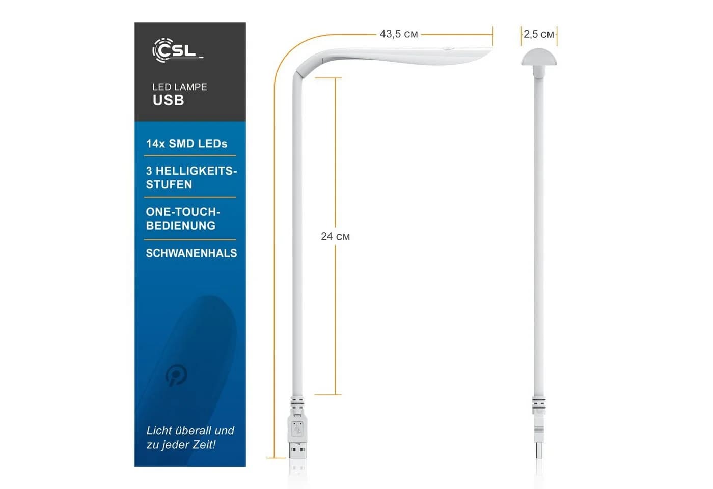 CSL LED Leselampe Weiß Flexibel Schwanenhals USB Anschluss - Bild 3