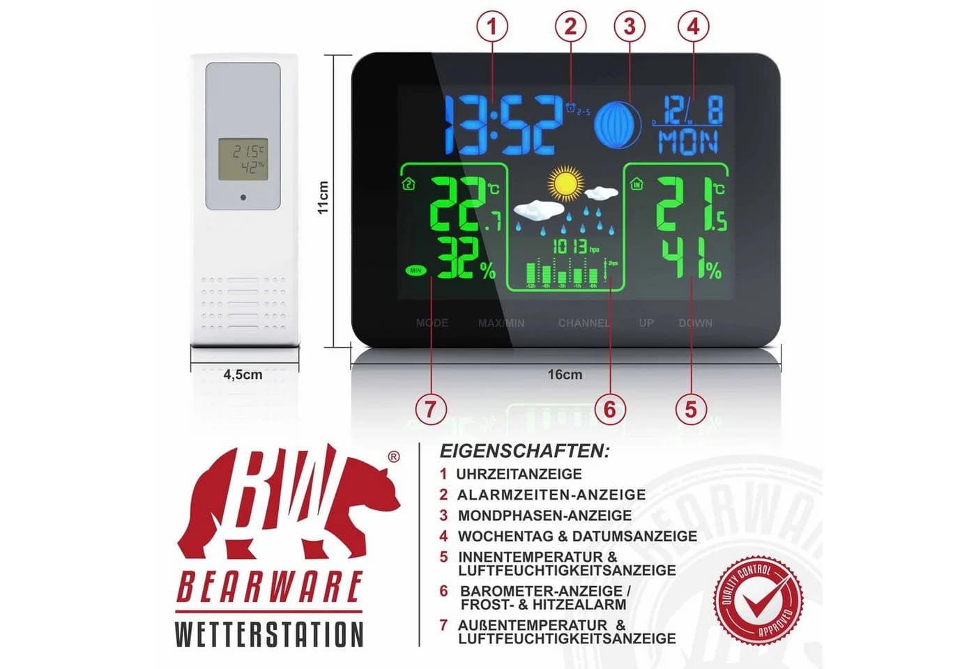 BEARWARE Funkwetterstation mit Farbdisplay & Außensensor Barometer - Bild 4