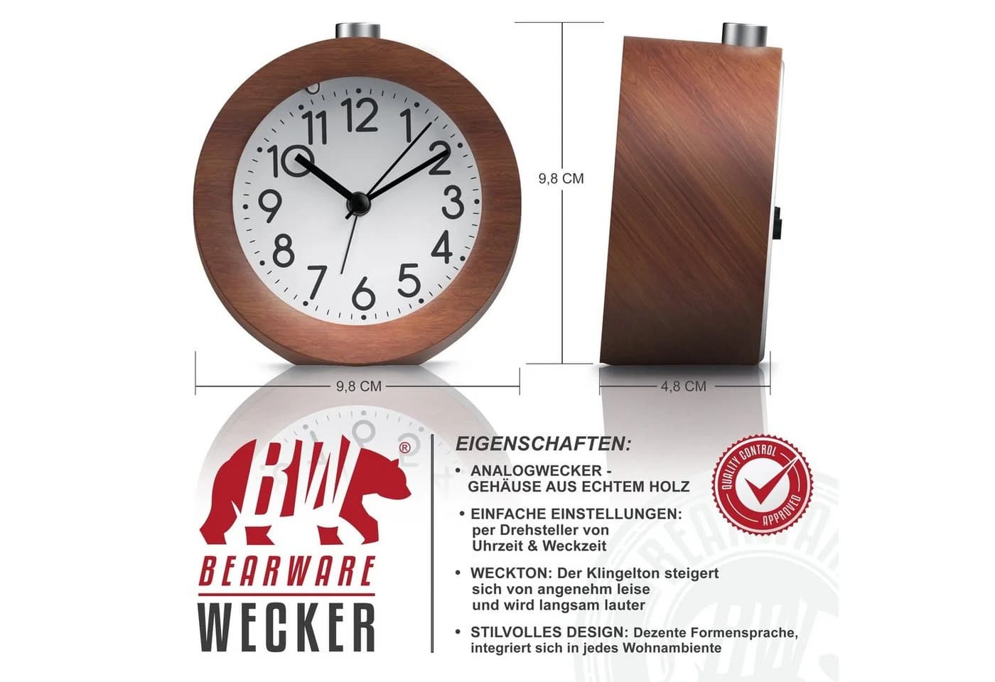 BEARWARE Analoge Weckuhr Holz Gehäuse Beleuchtet Braun - Bild 4