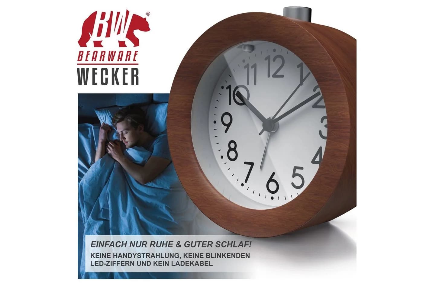 BEARWARE Analoge Weckuhr Holz Gehäuse Beleuchtet Braun - Bild 5