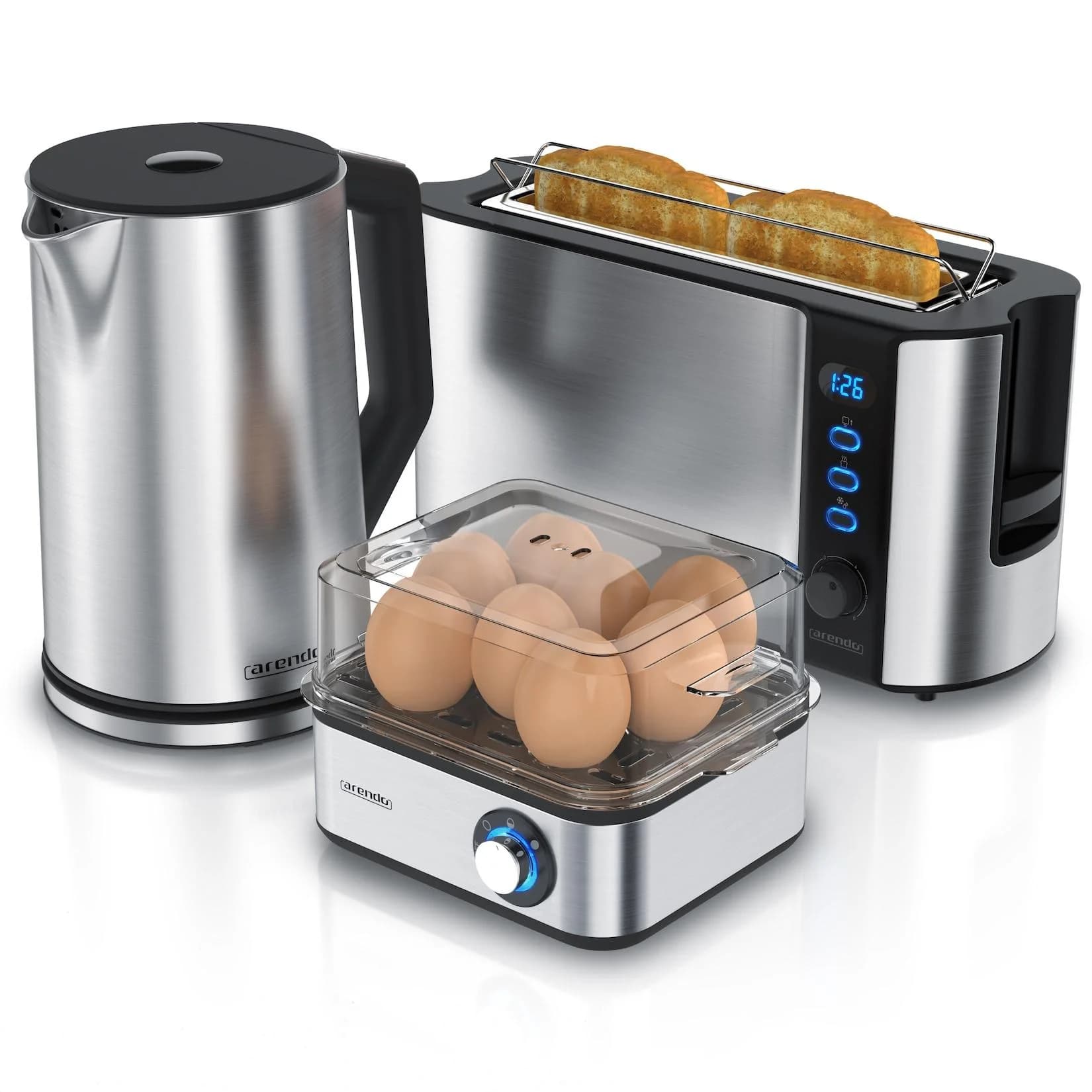 Arendo Frühstücks-Set Silber Wasserkocher Toaster Eierkocher