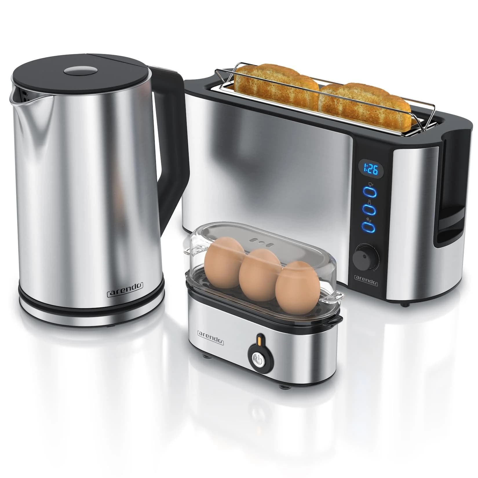 Arendo Frühstücks-Set Silber Wasserkocher Toaster Eierkocher