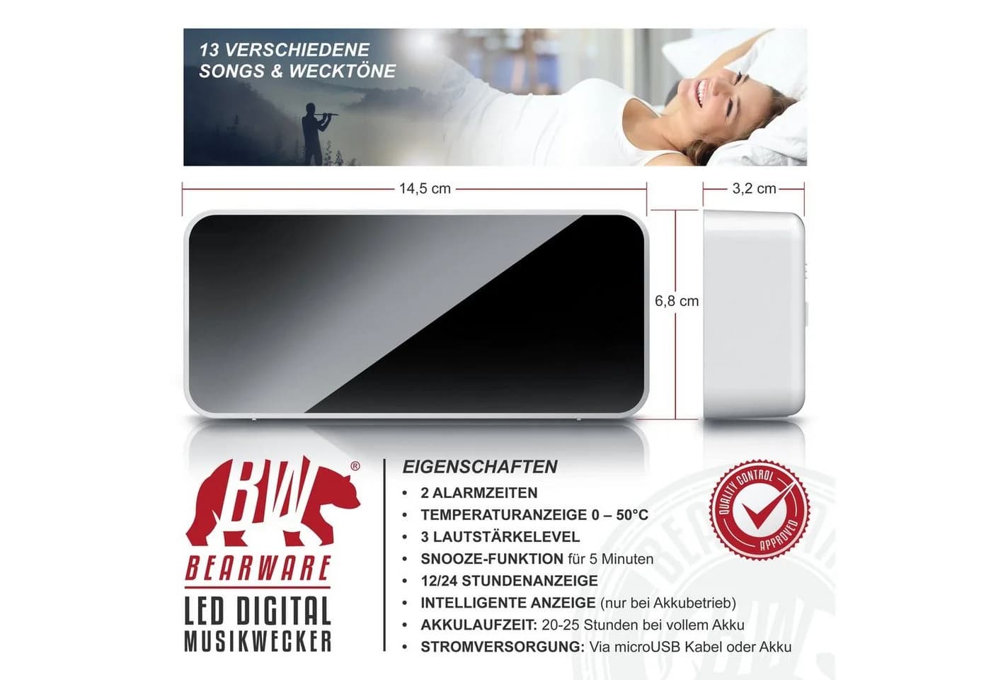 BEARWARE LED Musikwecker mit Akku, 13 Töne, 2 Alarme, Temperaturanzeige