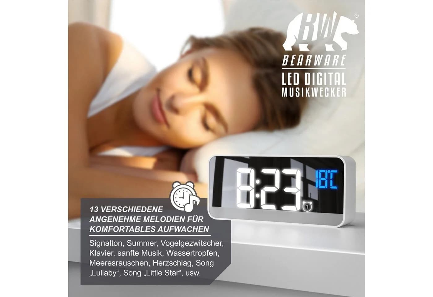 BEARWARE LED Musikwecker mit Akku, 13 Töne, 2 Alarme, Temperaturanzeige - Bild 5
