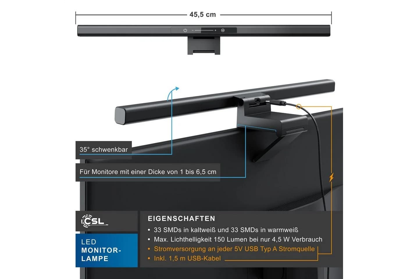 CSL LED Monitorlampe Screenbar Dimmbar Schwarz USB - Bild 2