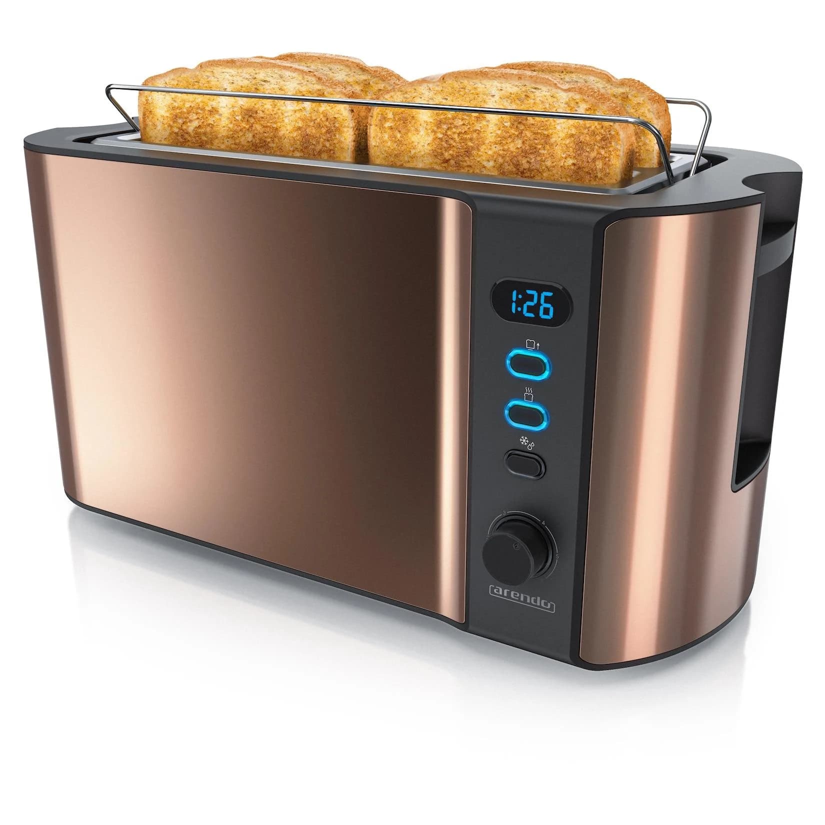 Arendo Toaster 4-Scheiben 1500W Langschlitz Brötchenaufsatz Wärmeisoliert Display Kupfer