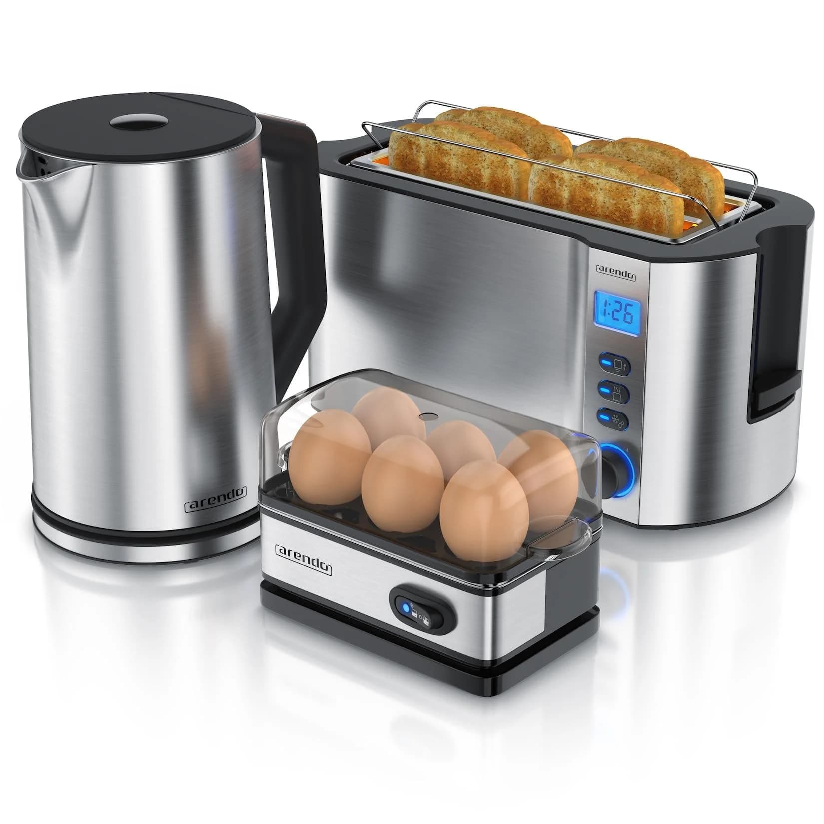 Arendo Frühstücksset 3-teilig Wasserkocher 1,5 Liter, 4-Scheiben Langschlitz Toaster, 6er Eierkocher Silber