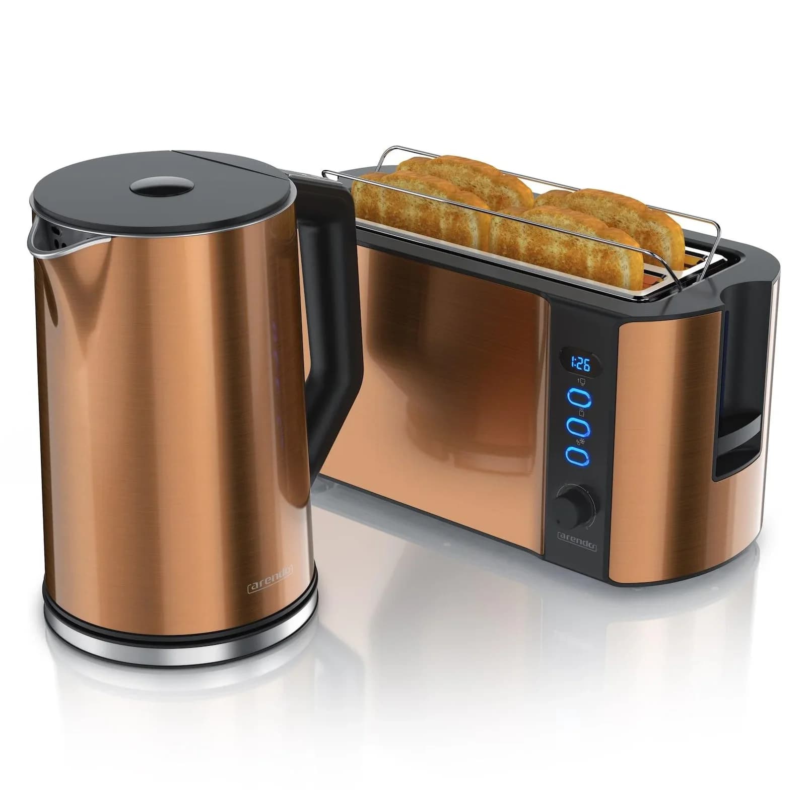 Arendo Frühstücksset 2-teilig, 1,5L Wasserkocher Edelstahl, 1500W Langschlitz Toaster Kupfer