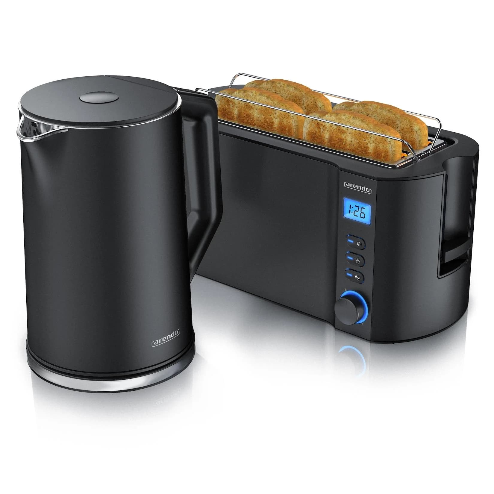 Arendo Frühstücksset, Wasserkocher 1,5 Liter, 4-Scheiben Toaster Schwarz