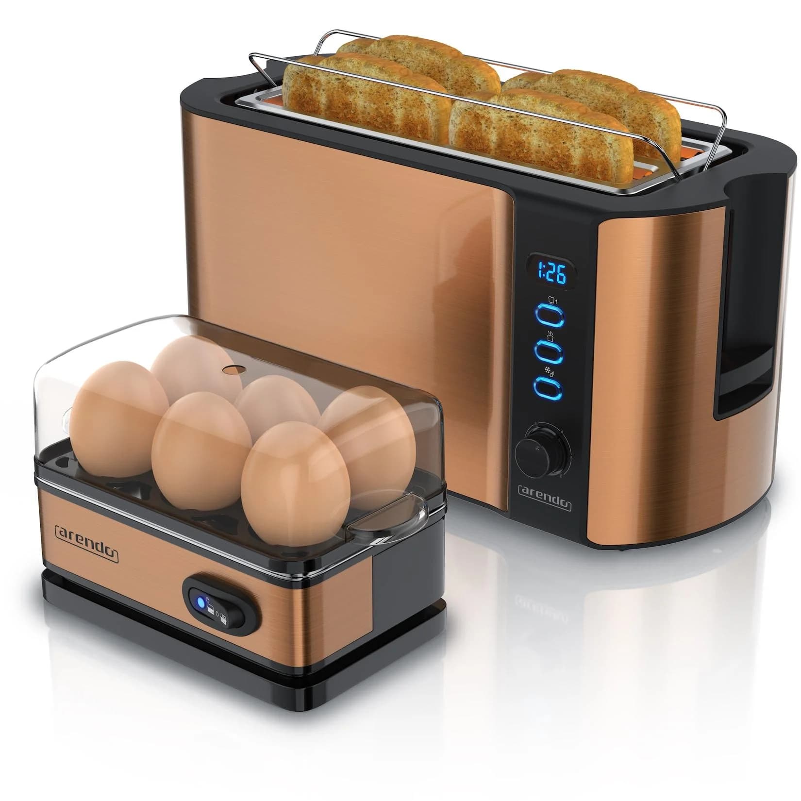 Arendo Frühstücks-Set 2-teilig 4-Scheiben Toaster 6er Eierkocher Kupfer