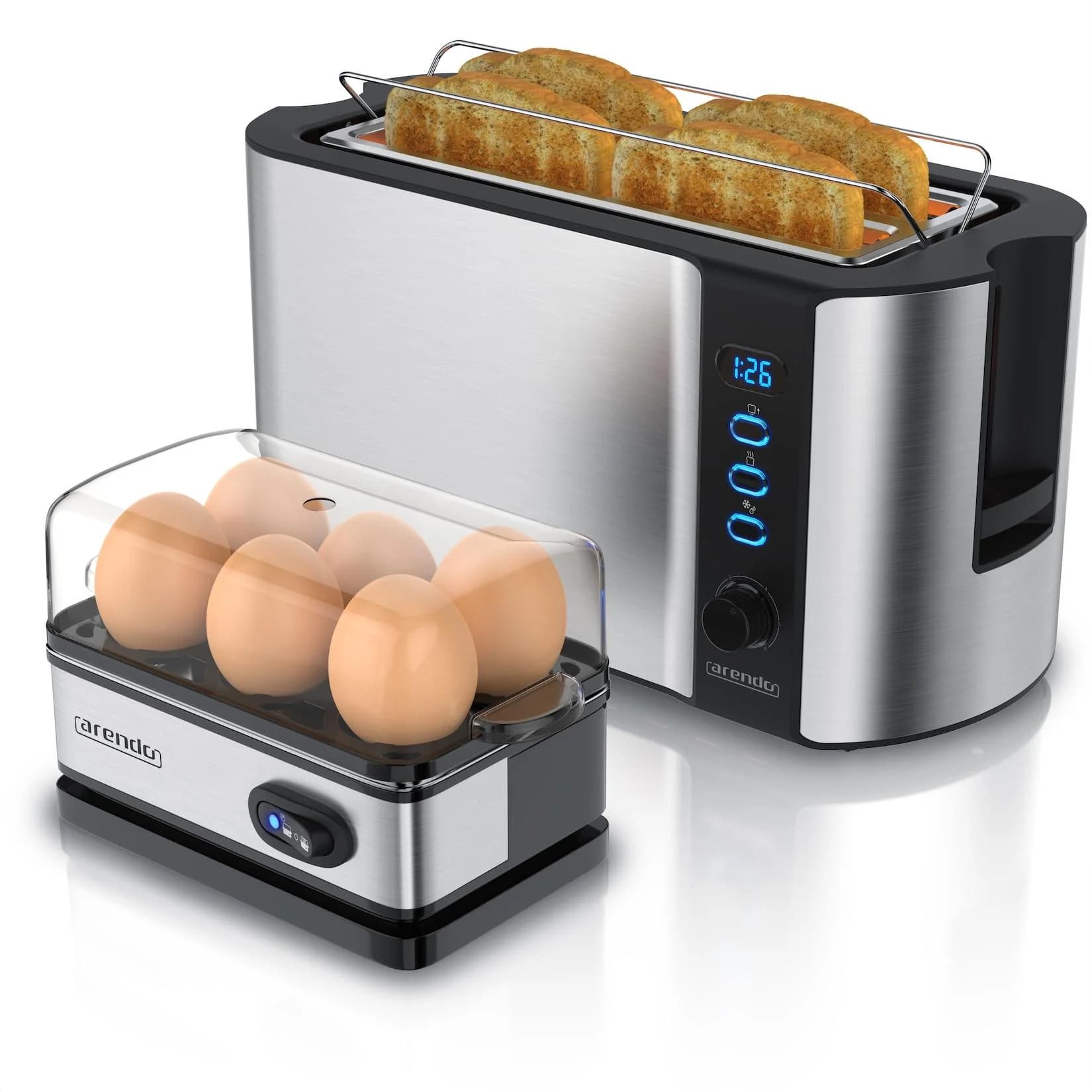 Arendo Frühstücksset Langschlitz Toaster 4 Scheiben Eierkocher Silber