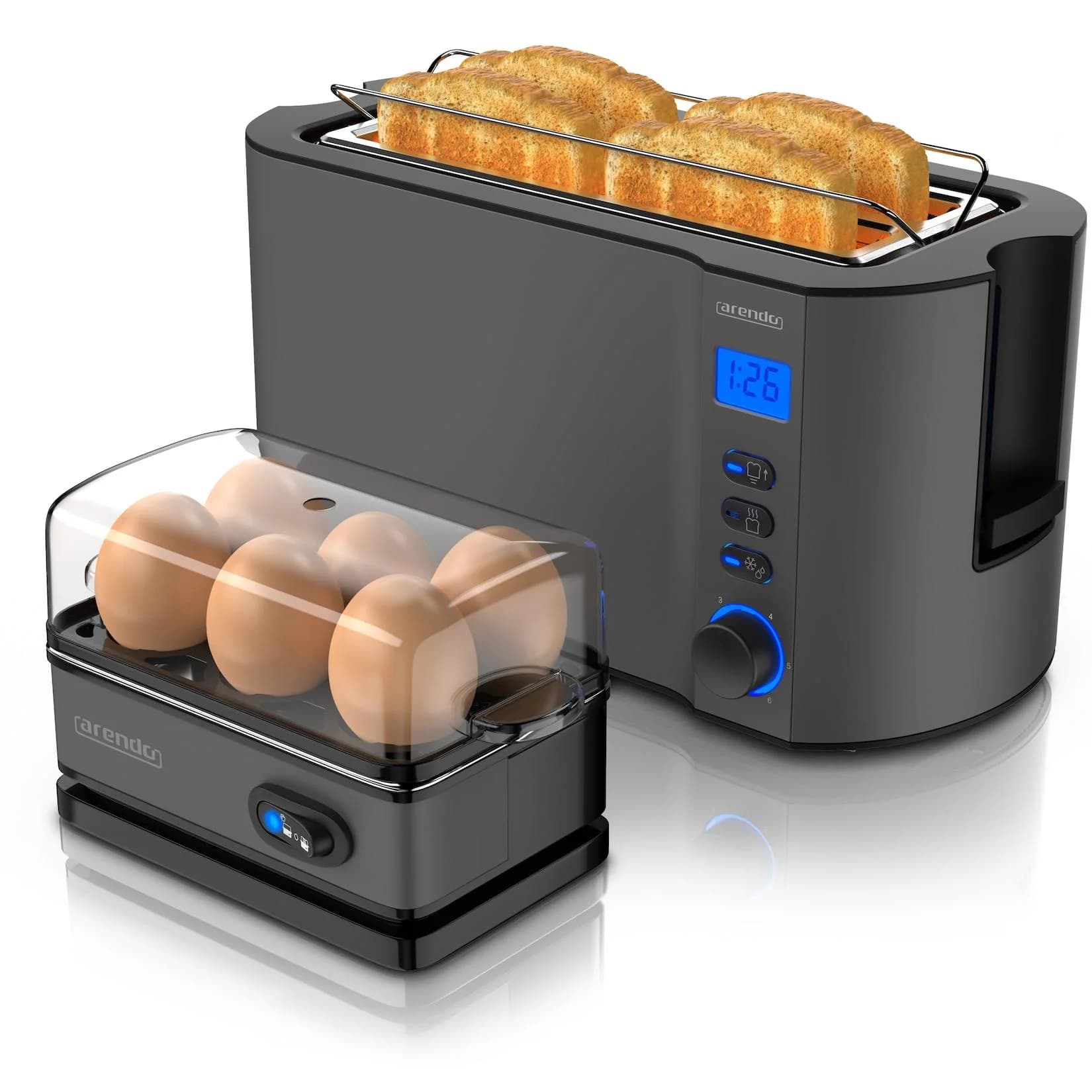 Arendo Frühstücks-Set 6er Eierkocher Langschlitztoaster 4-Scheiben Grau
