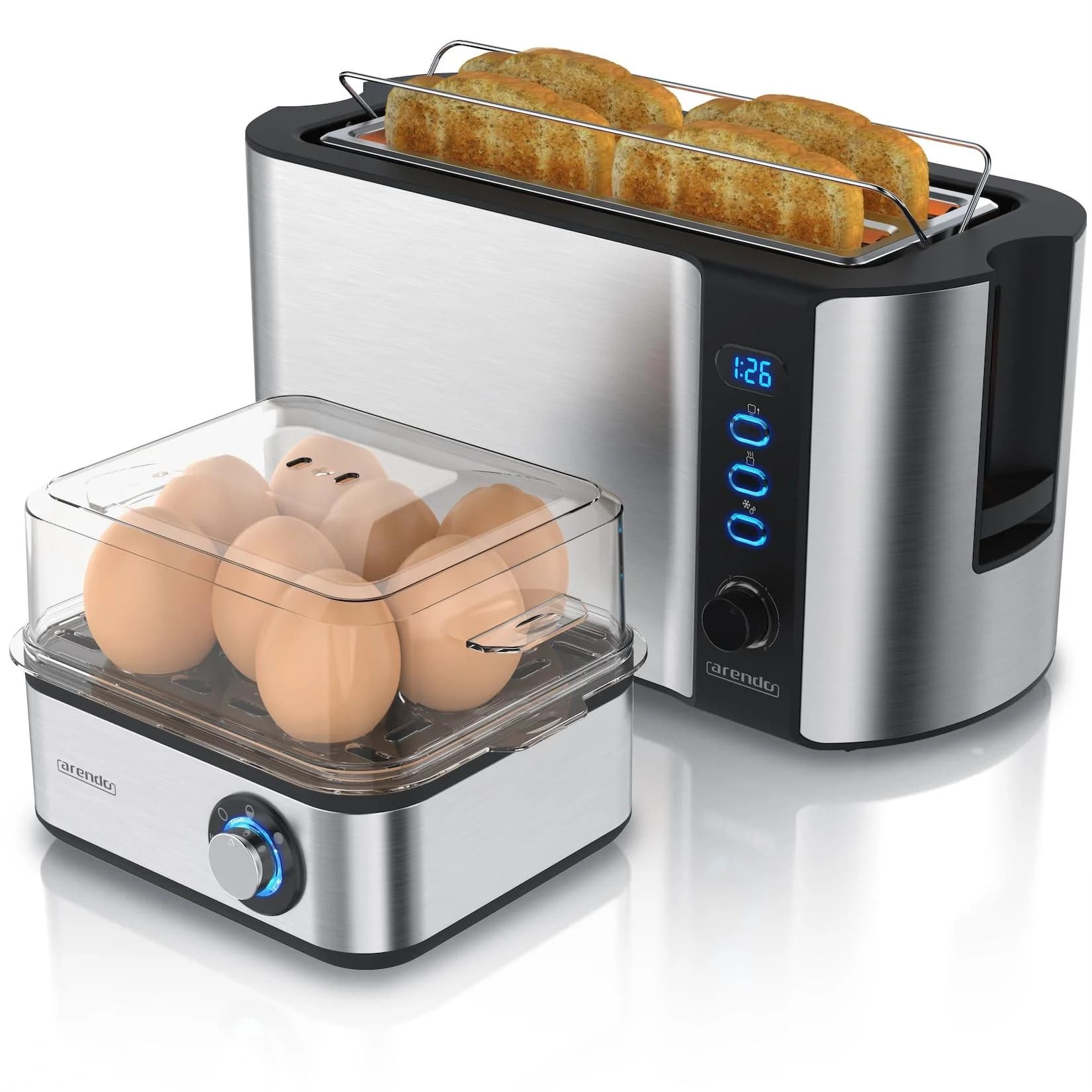 Arendo 2-teiliges Frühstücksset - 4-Scheiben Langschlitz-Toaster, 8er Eierkocher, Silber