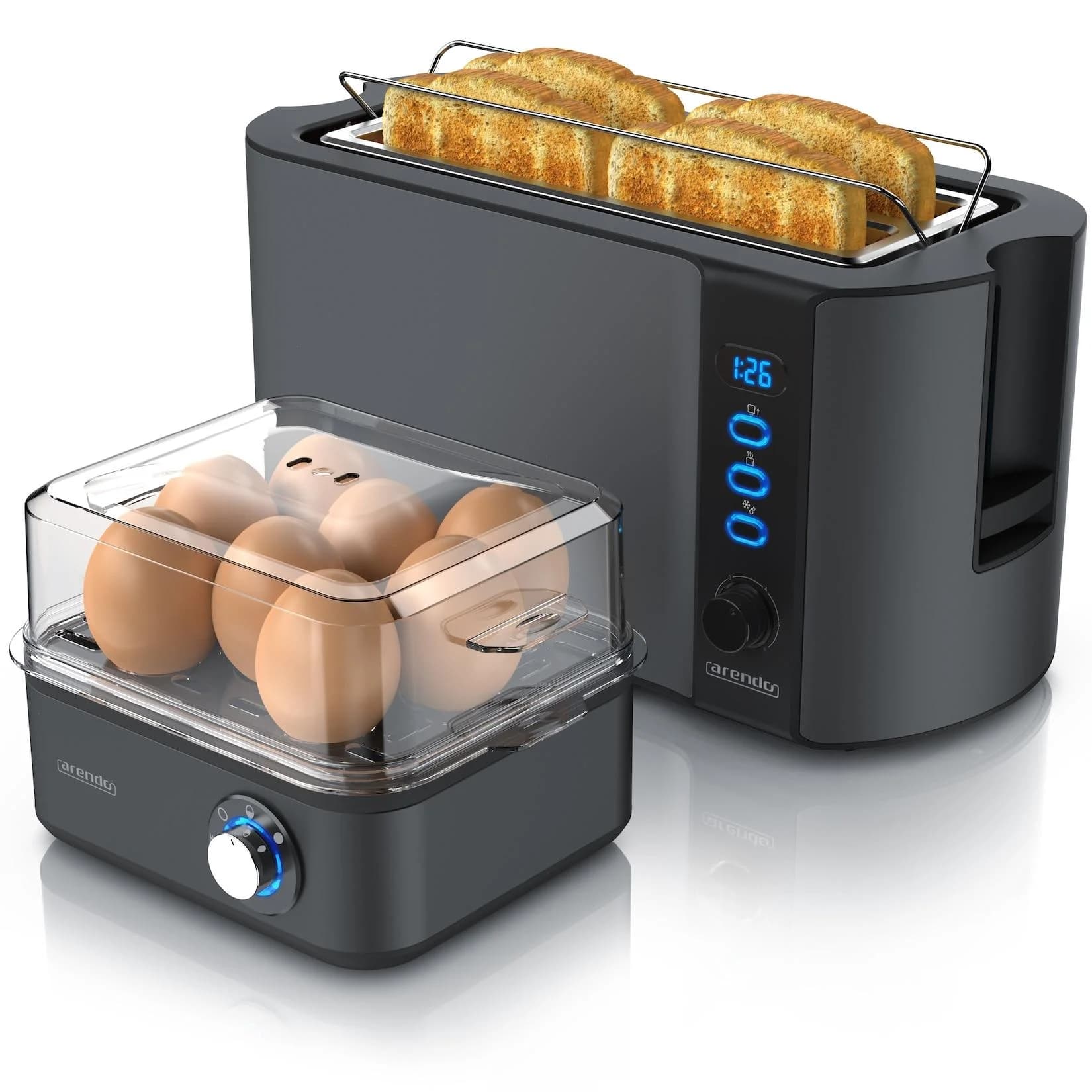 Arendo 2-teiliges Frühstücksset - 4-Scheiben Toaster & 8er Eierkocher Grau