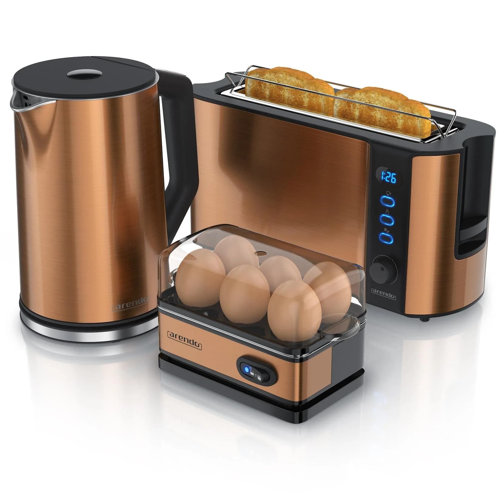 Arendo 3-teiliges Frühstücks-Set 2-Scheiben Langschlitz Toaster 6er Eierkocher Wasserkocher 1,5 Liter