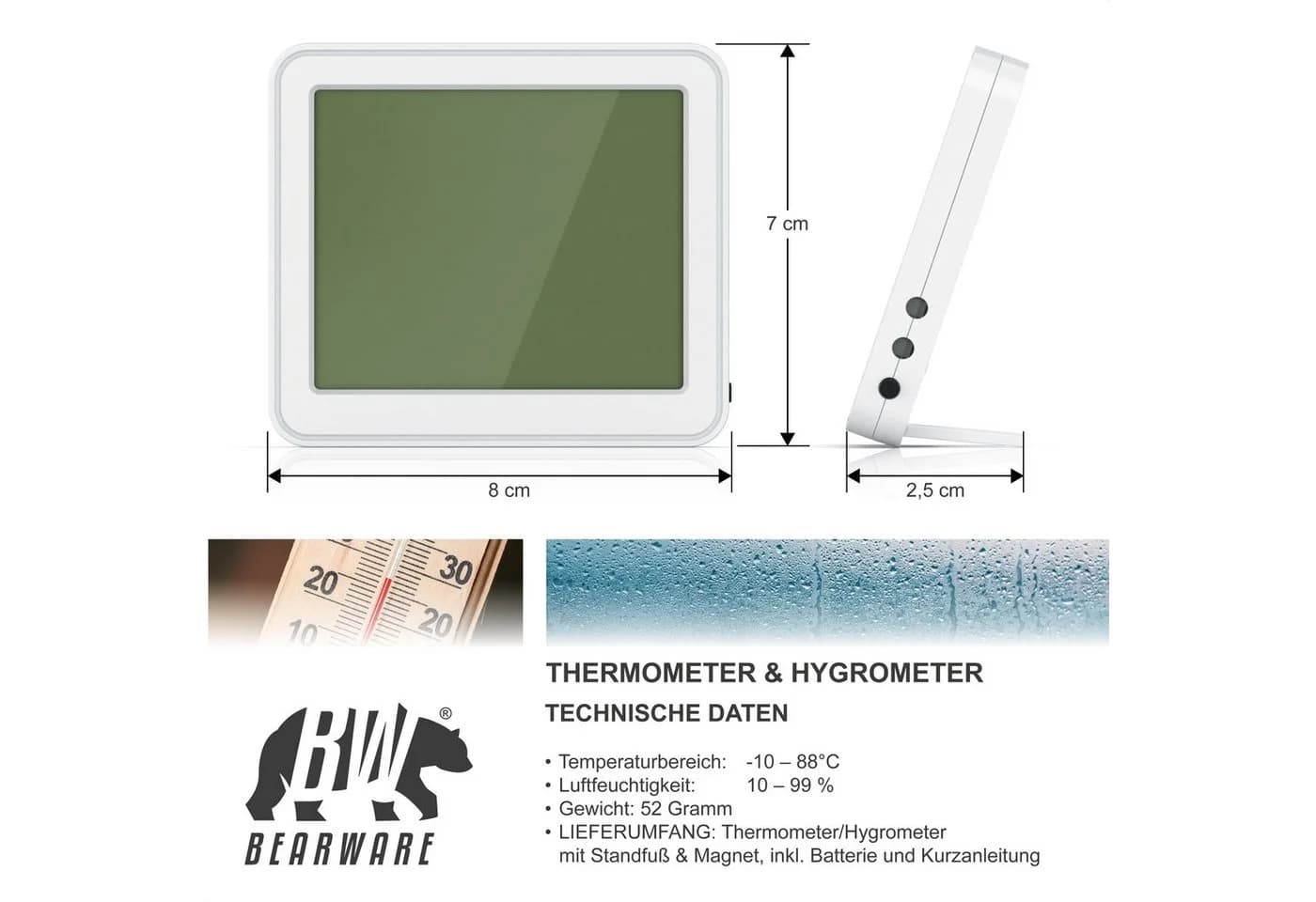 BEARWARE Thermo-Hygrometer mit LCD-Anzeige, Magnet & Standfuß, Weiß