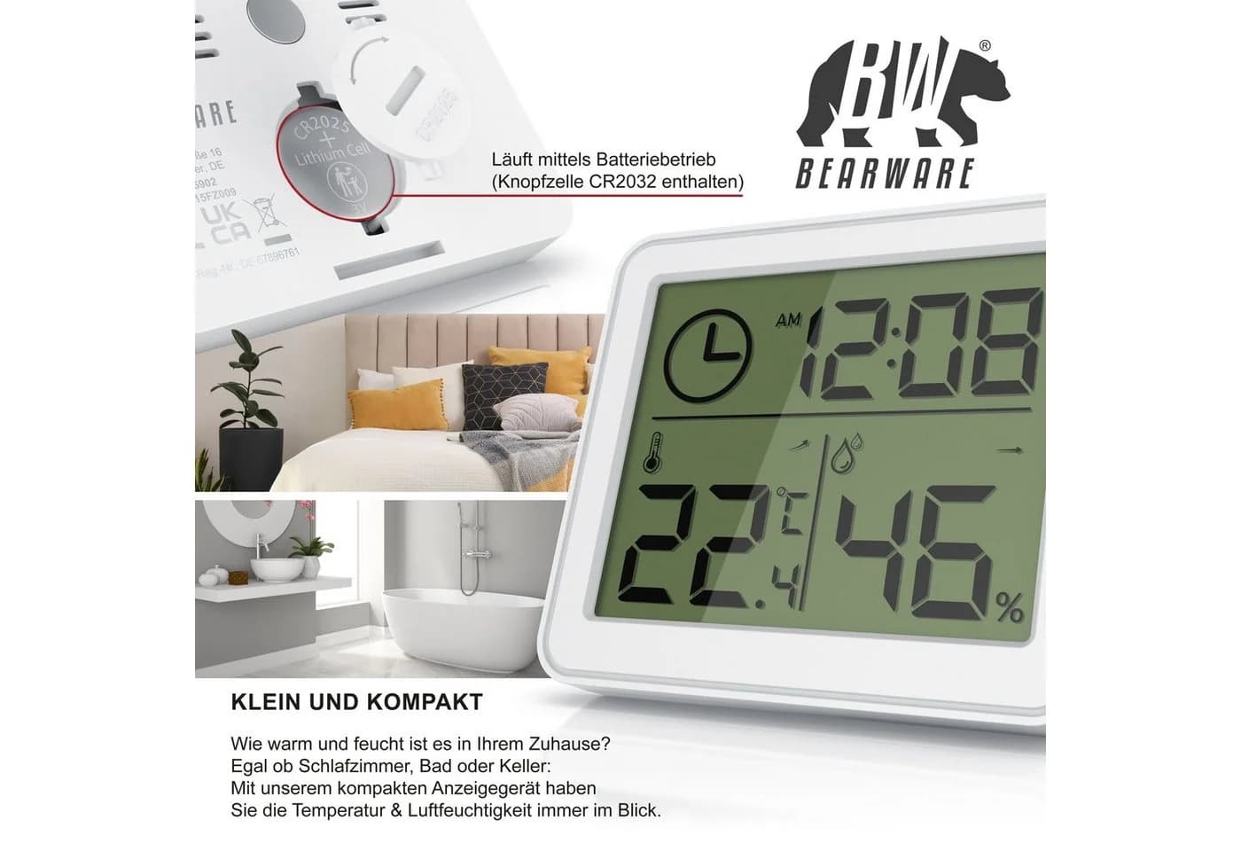 BEARWARE Thermo-Hygrometer mit LCD-Anzeige, Magnet & Standfuß, Weiß - Bild 3